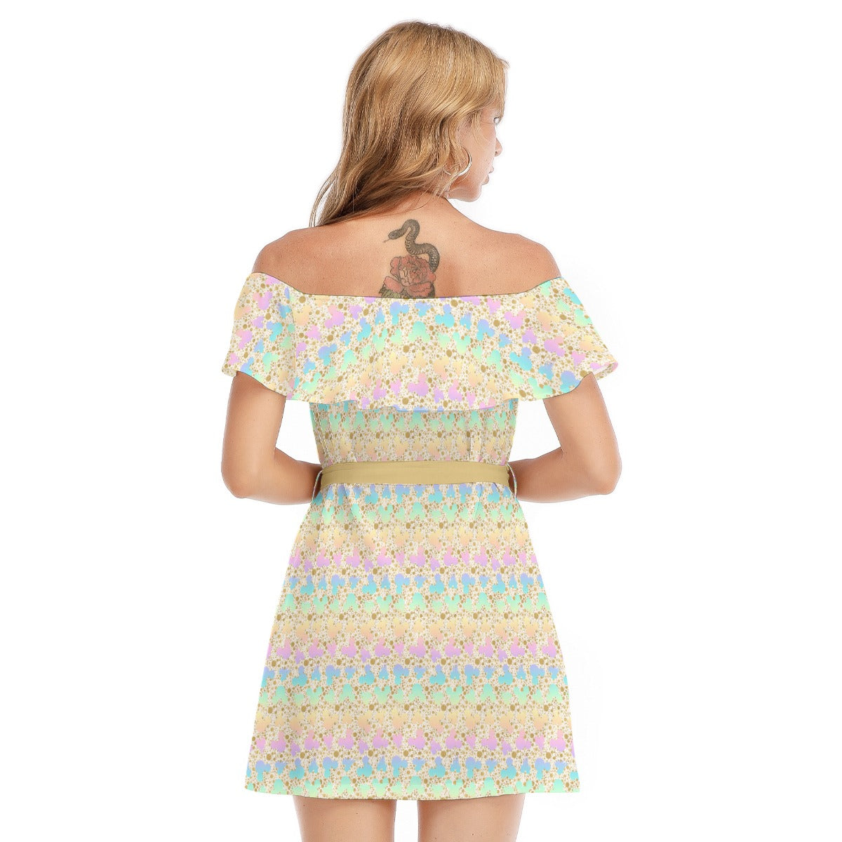 Gold Dot Rainbow Mouse Ears Castle - Women's Off-shoulder Ruffle Dress