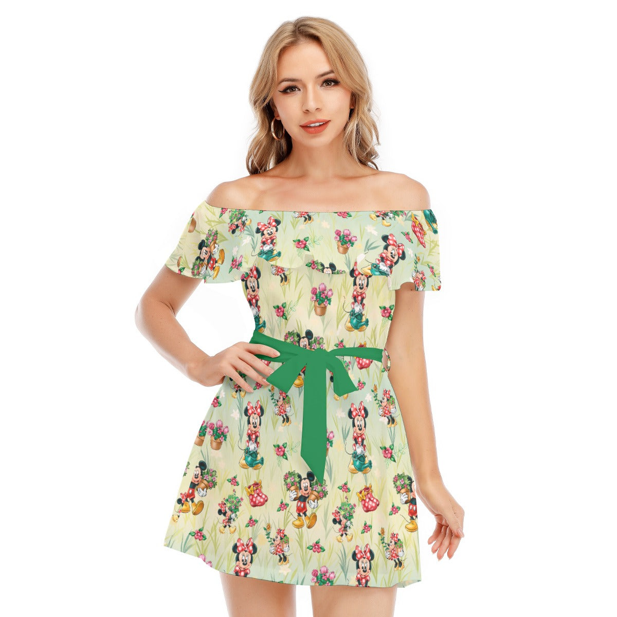 Garden Mouse Helpers at Work - Women's Off-shoulder Ruffle Dress
