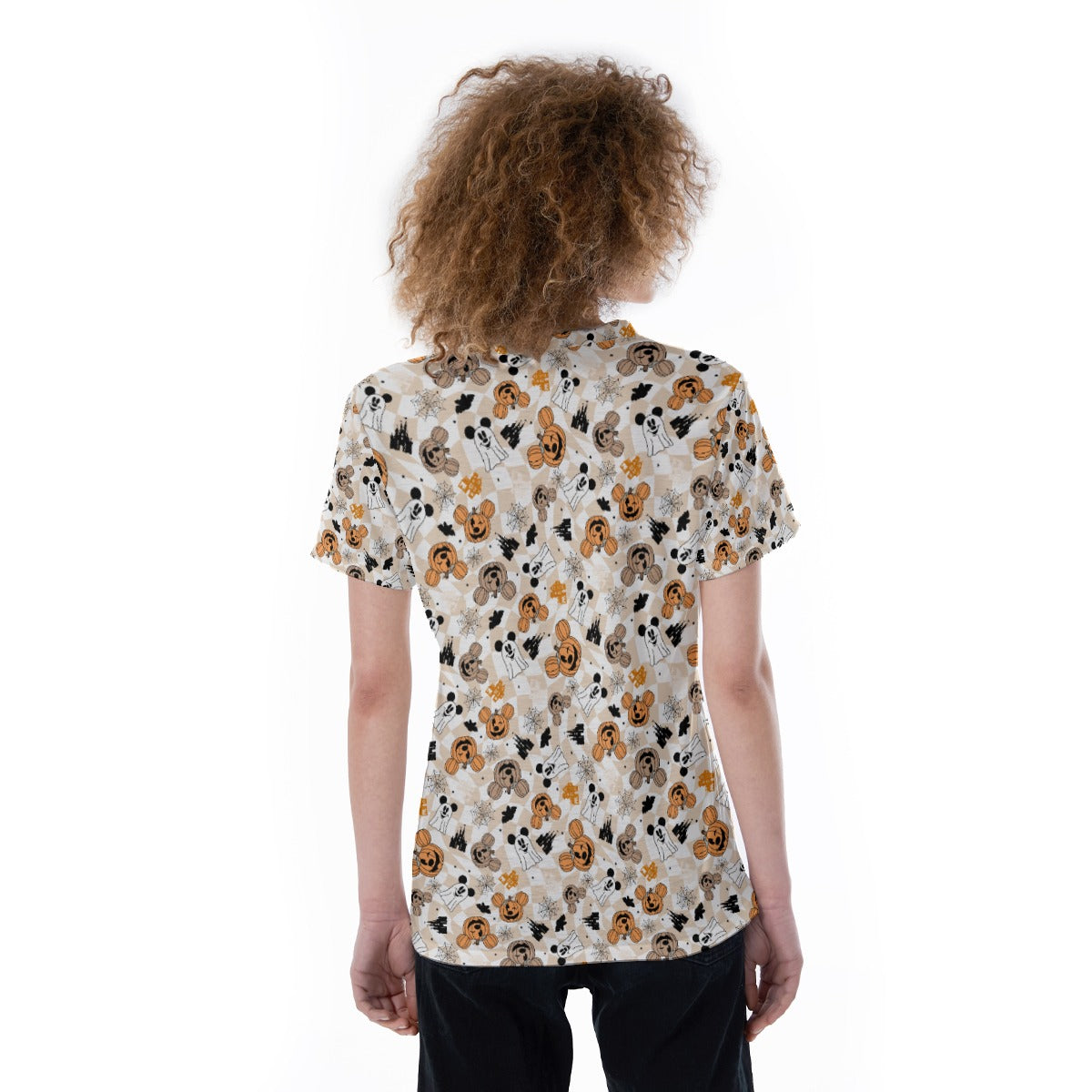 Checkered Halloween Ghosts & Pumpkinskins - Women's Short Sleeve V-Neck T-Shirt