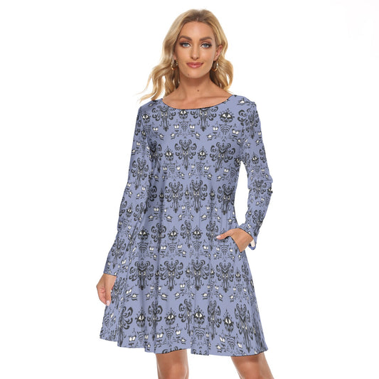 Spooky Mansion Wallpaper - Women's Long Sleeve A-Line Pocket Dress
