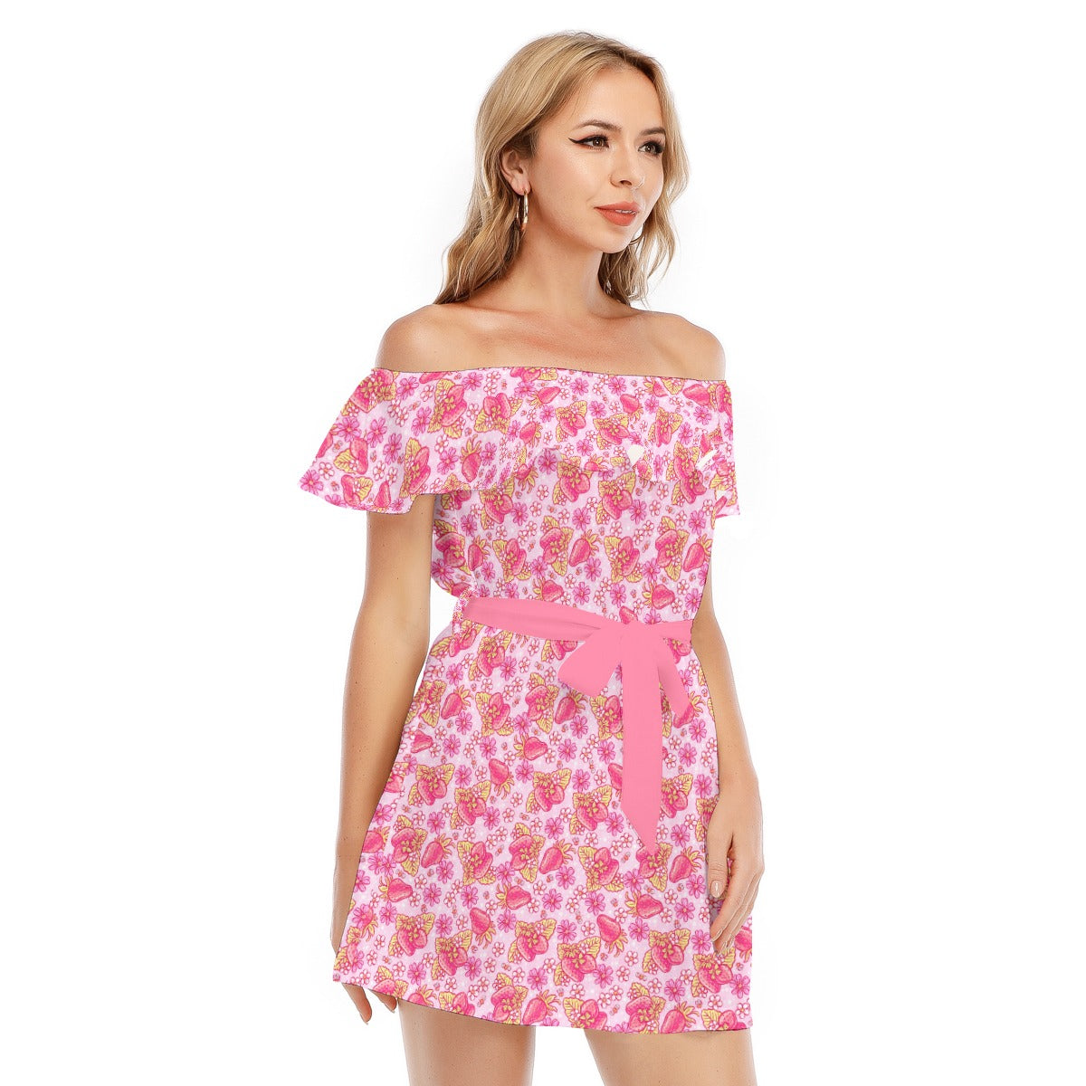 Summer Fruits - Strawberry - Women's Off-shoulder Ruffle Dress