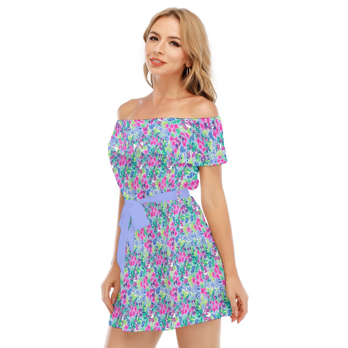 Bright Tropical Bliss - Island Mouse Duo - Women's Off-shoulder Ruffle Dress