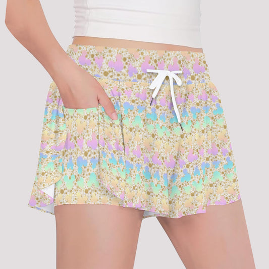 Gold Dot Rainbow Mouse Ears Castle - Girls’ Flowy Pocket Shorts
