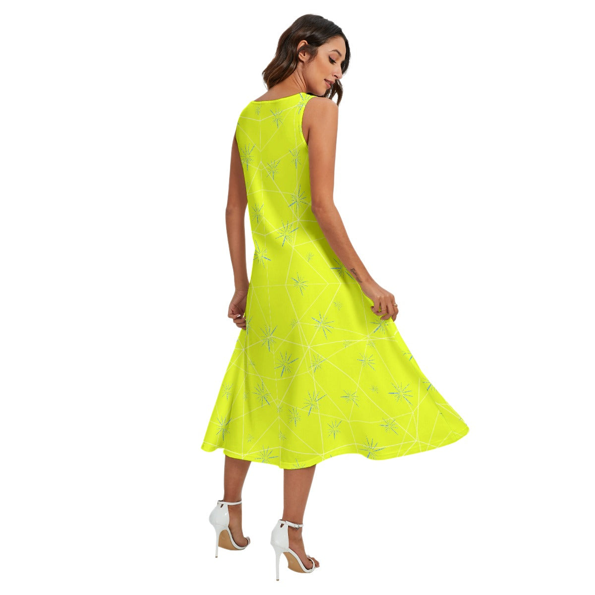 Joyful Blue & Yellow Florals - Women’s Diagonal Pocket Midi Dress