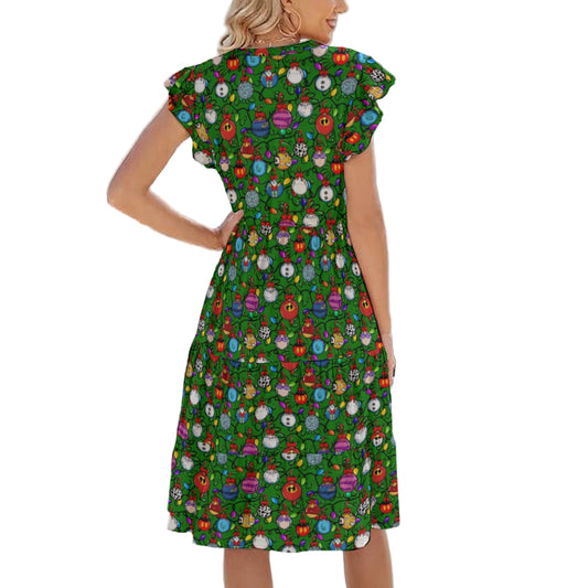 Festive Character Baubles on Green - Women's Tiered Pocket Midi Dress