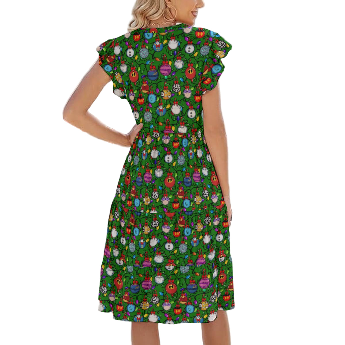 Festive Character Baubles on Green - Women's Tiered Pocket Midi Dress