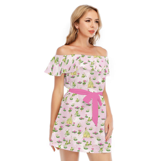 Watercolor Bayou Princess & Frog - Women's Off-shoulder Ruffle Dress