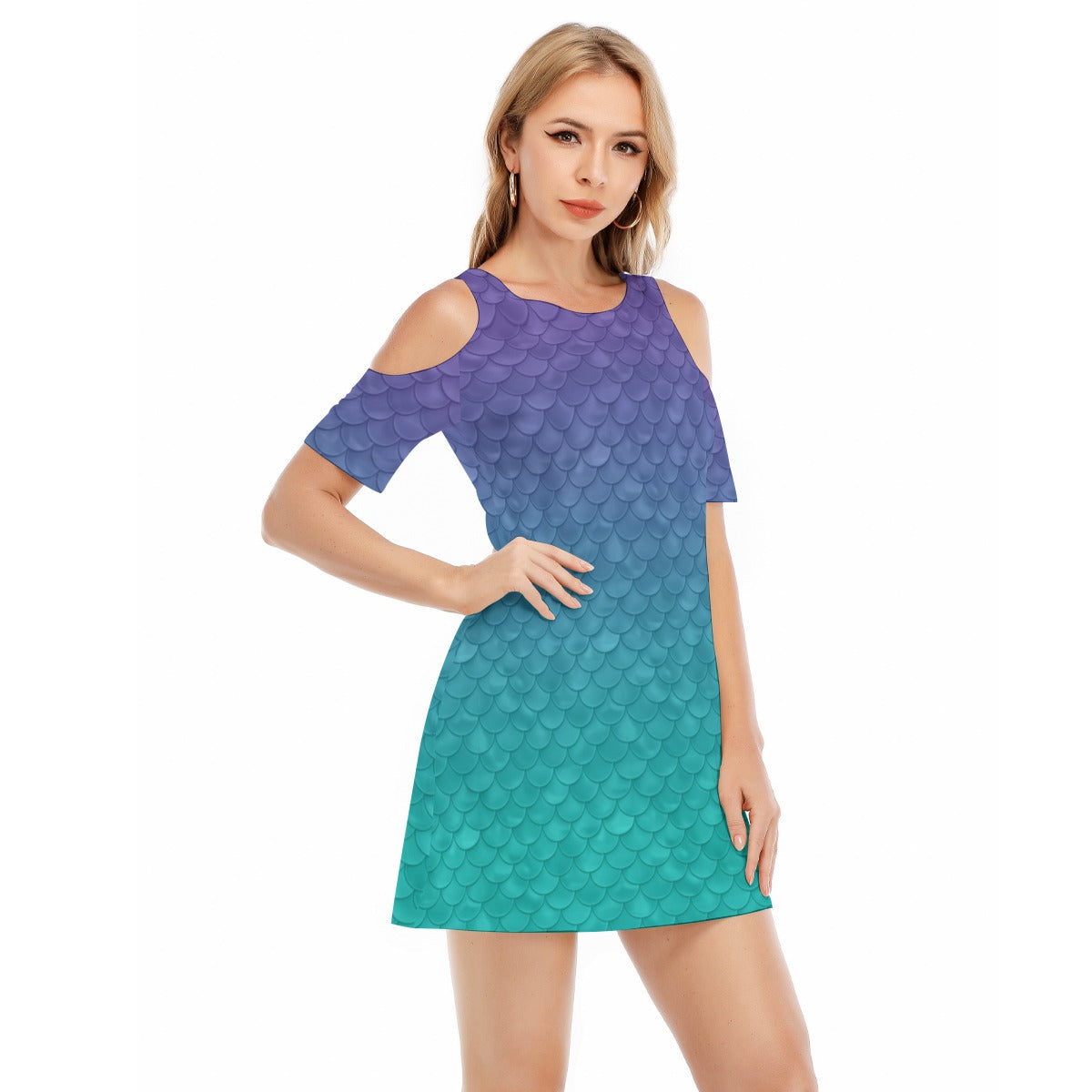 Dreamy Mermaid Scales - Women's Cold Shoulder Cotton Dress