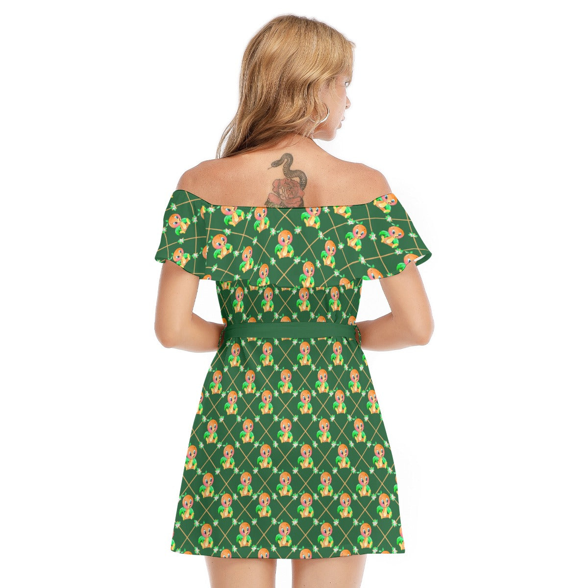 Geometric Citrus Delight - Women's Off-shoulder Ruffle Dress