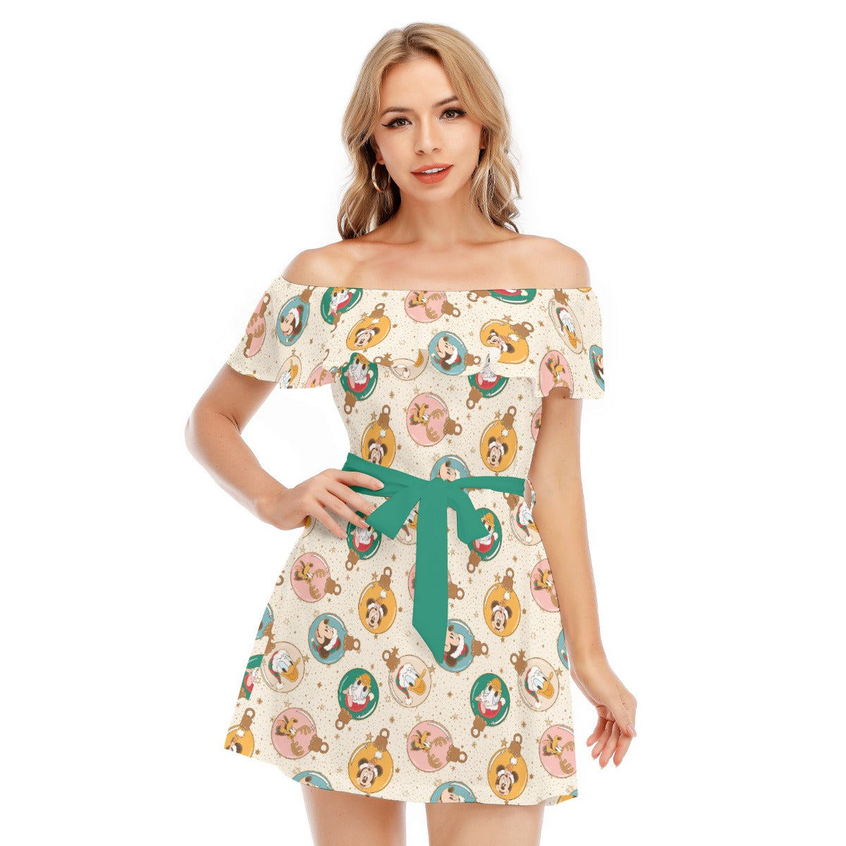 Golden Holiday Baubles - Women's Off-shoulder Ruffle Dress