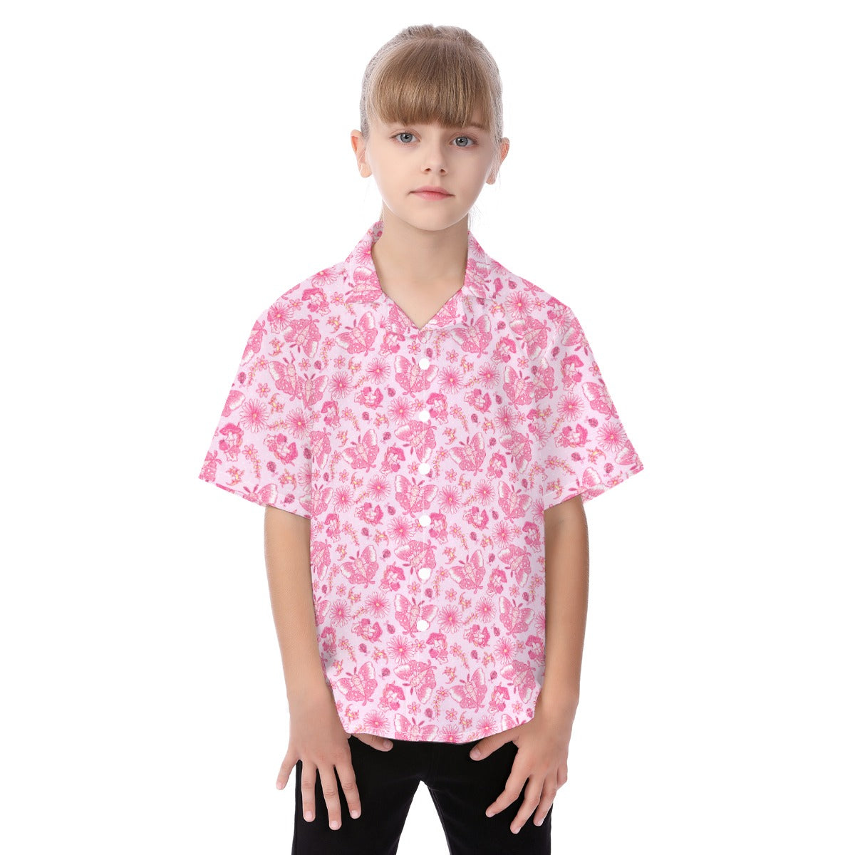 Pink Mushroom Moths - Kid's Hawaiian Button Up Shirt