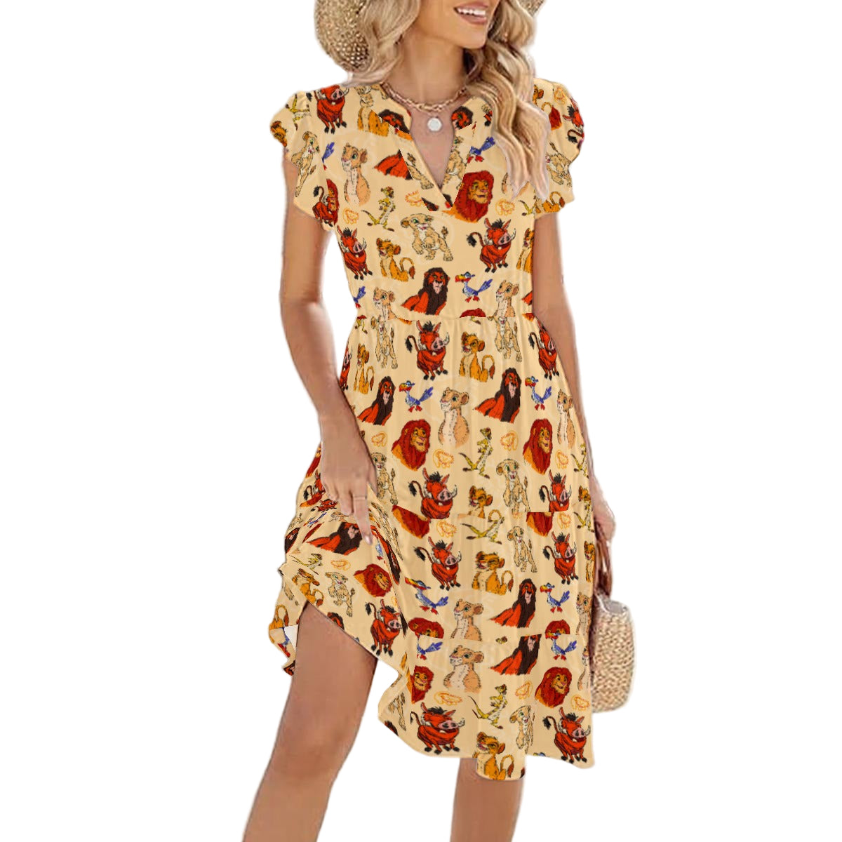 Sketched Savanna Friends - Women's Tiered Pocket Midi Dress