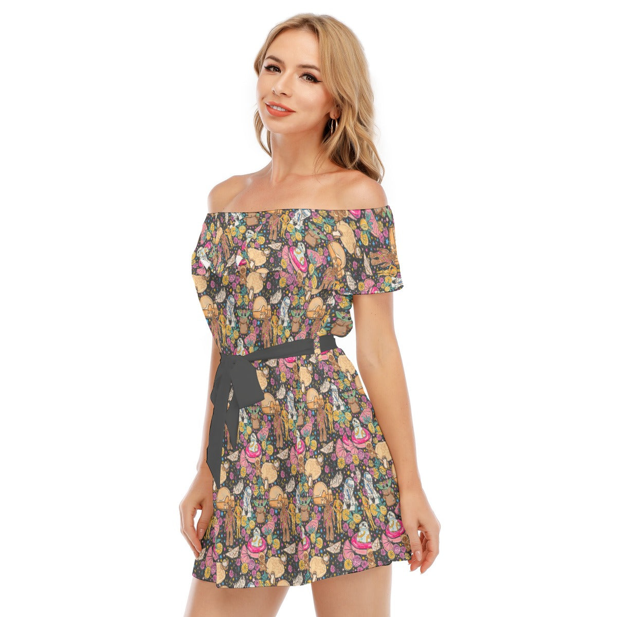 Tropical Space Squad - Women's Off-shoulder Ruffle Dress