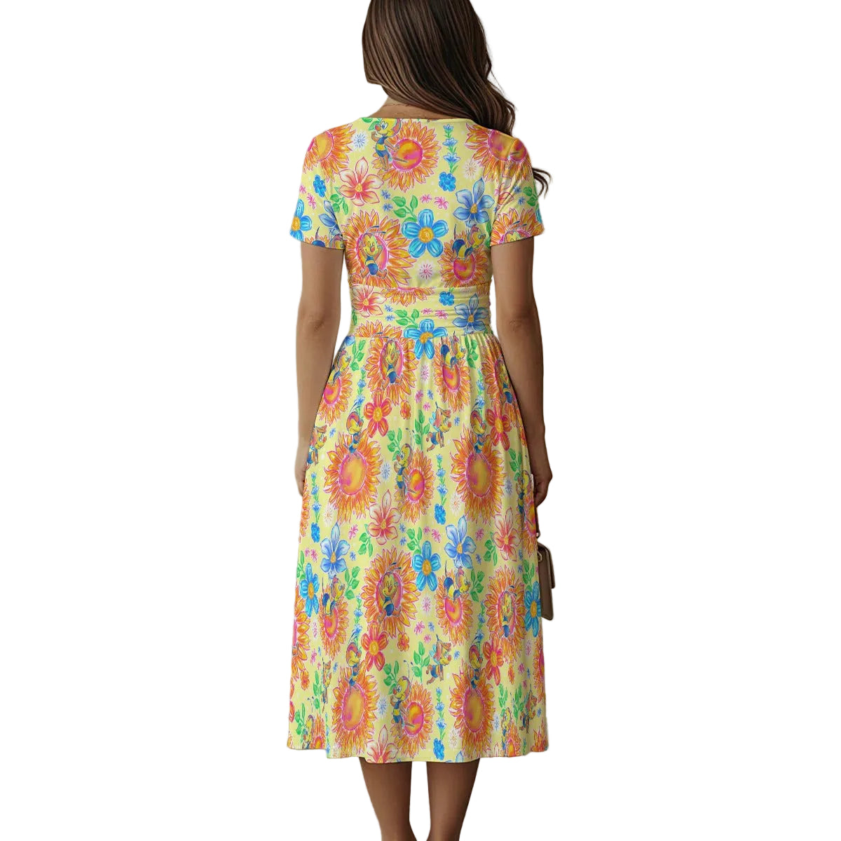 Buzzing Garden Buddy - Women's V-Neck Ruched Midi Dress
