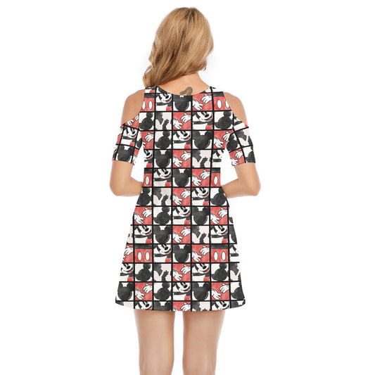 Mouse Block Party - Women's Cold Shoulder Cotton Dress