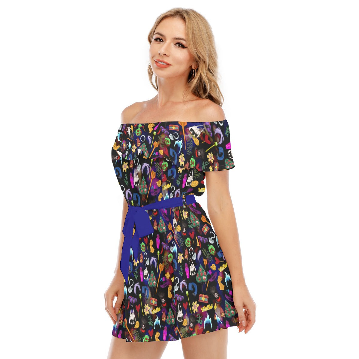 Villainous Icons Collage - Women's Off-shoulder Ruffle Dress