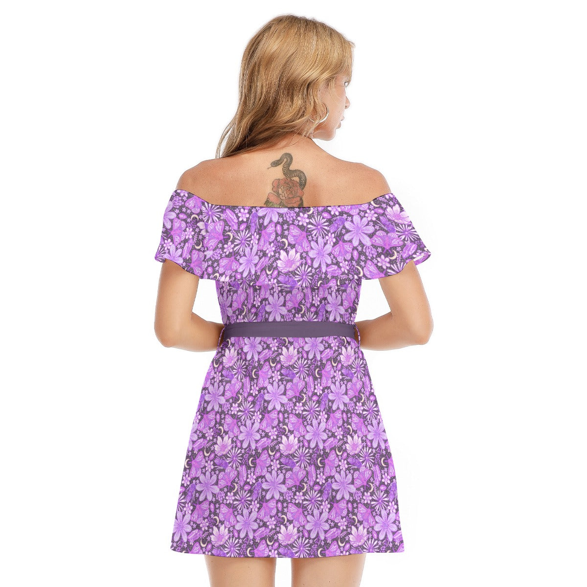 Purple Crystal Moths - Women's Off-shoulder Ruffle Dress