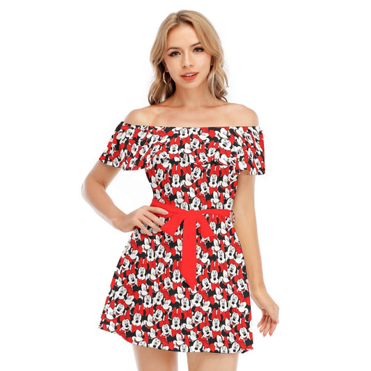 Many Faces of Polka Dot Mouse - Women's Off-shoulder Ruffle Dress