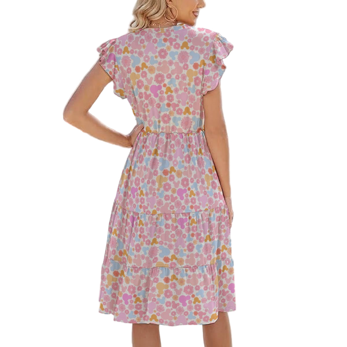 Retro Floral Mouse - Women's Tiered Pocket Midi Dress