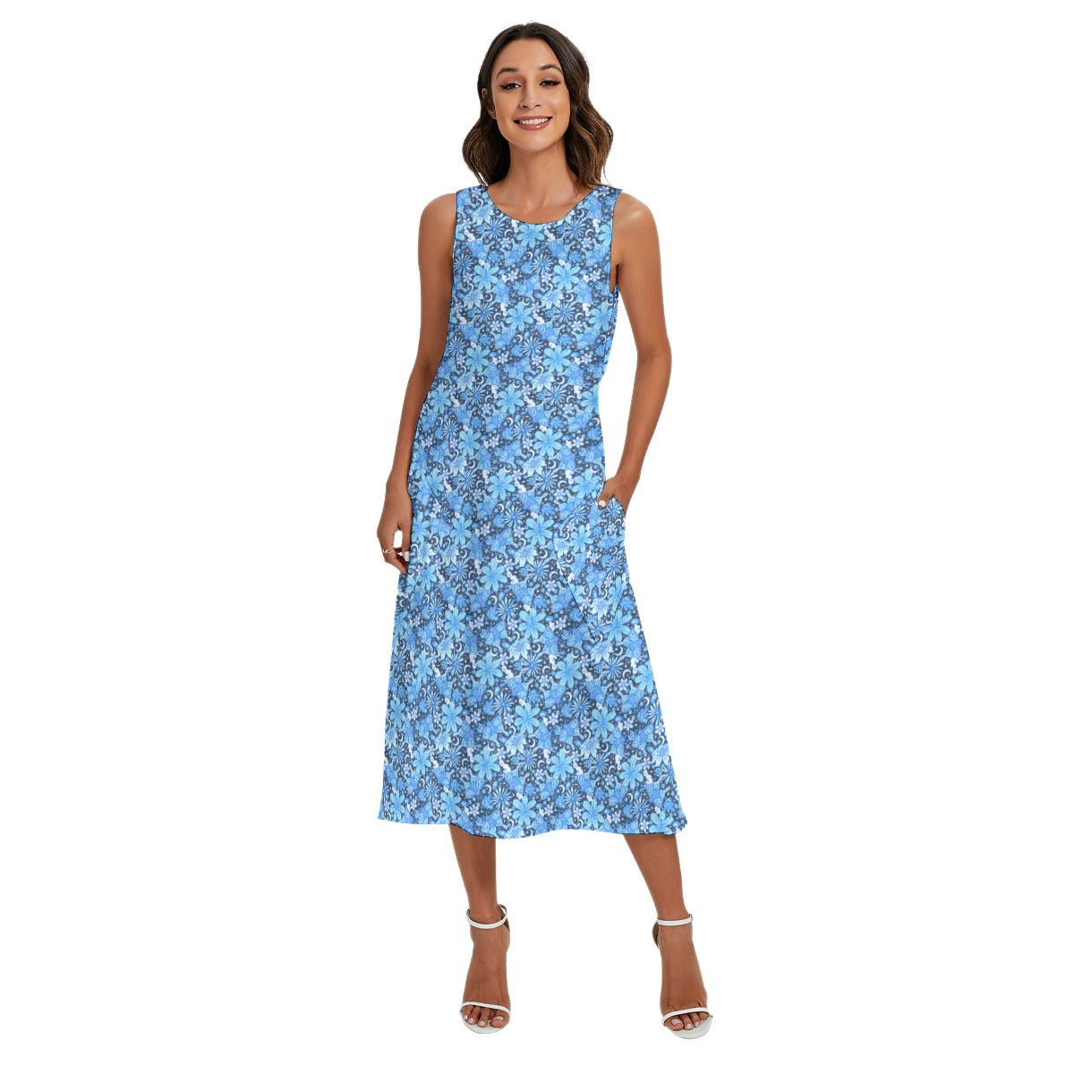 Blue Crystal Moths - Women’s Diagonal Pocket Midi Dress