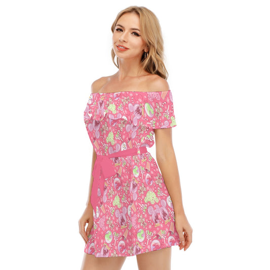 Winter Mouse Snacks & Balloons - Women's Off-shoulder Ruffle Dress