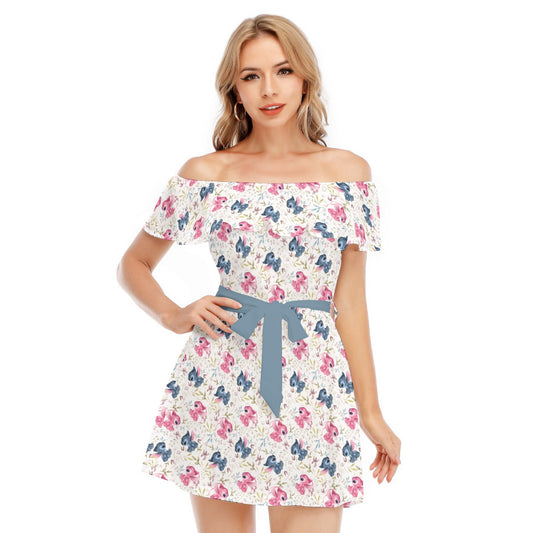Blue Alien & Pink Friend Love - Women's Off-shoulder Ruffle Dress