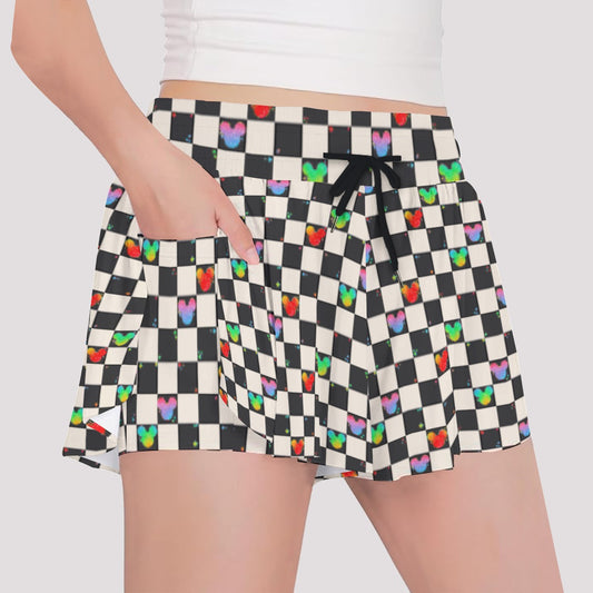 Rainbow Checker Mouse Ears - Girls’ Flowy Pocket Shorts