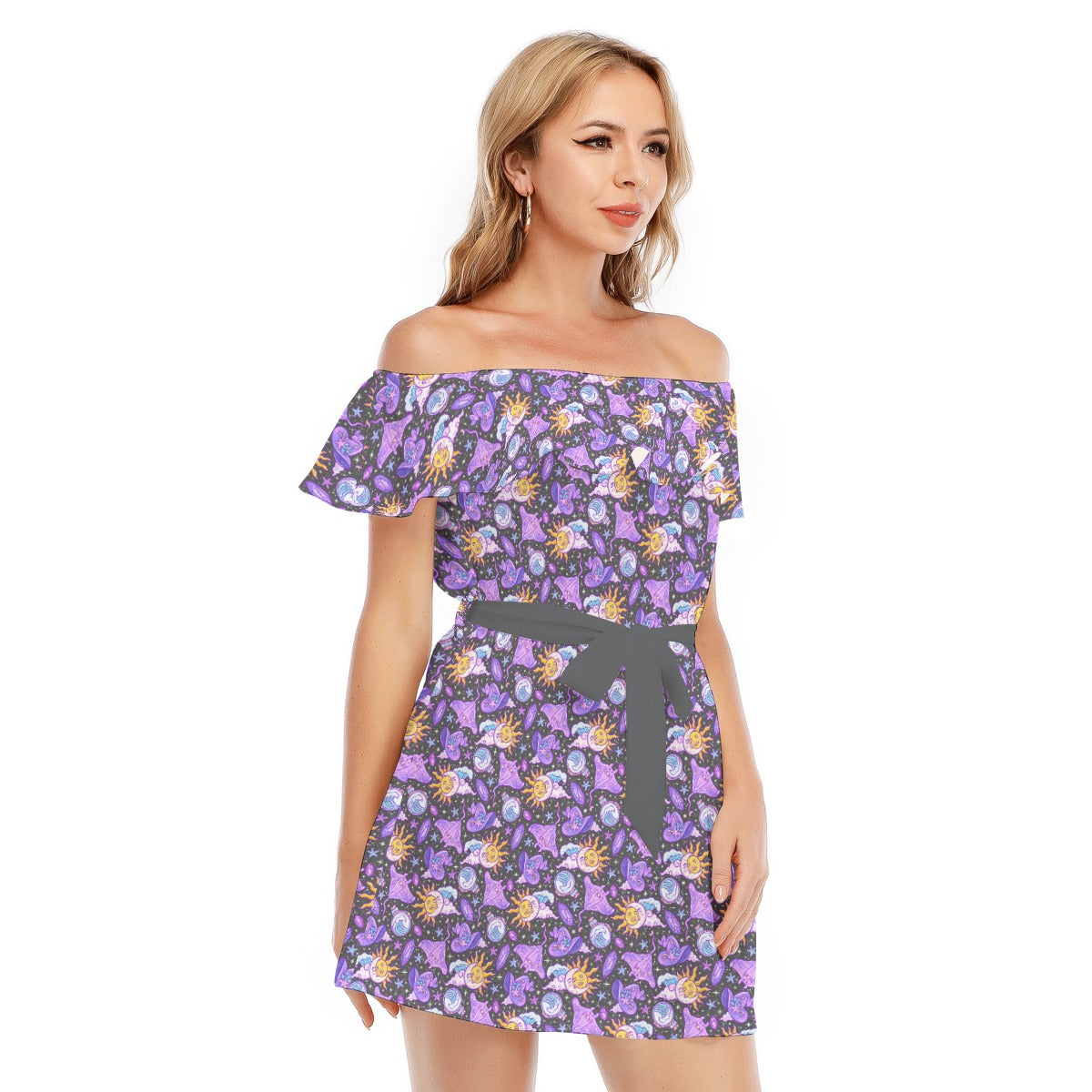 Mystical Manta Rays - Women's Off-shoulder Ruffle Dress