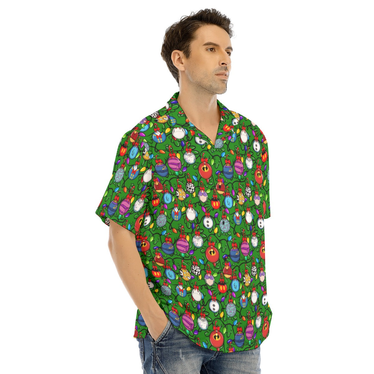Festive Character Baubles on Green - Men's Hawaiian Button Up Shirt