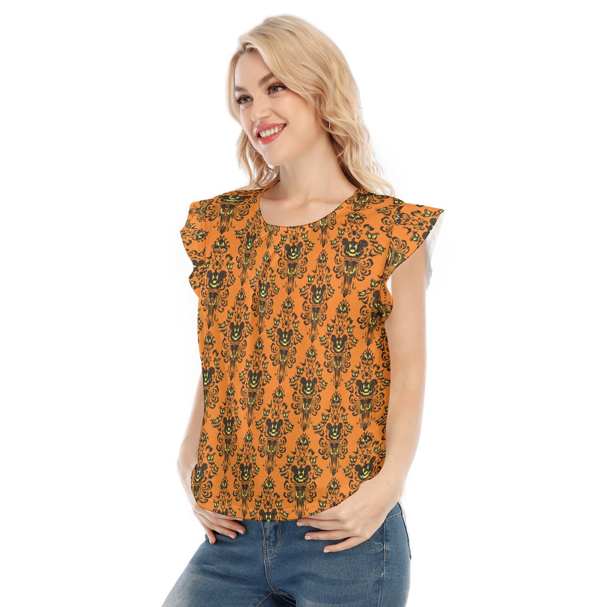 Haunted Halloween Mansion Wallpaper - Women’s Flutter Sleeve Top
