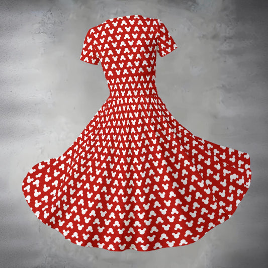 Playful Polka Dot Ears Red - Women's V-Neck Ruched Midi Dress
