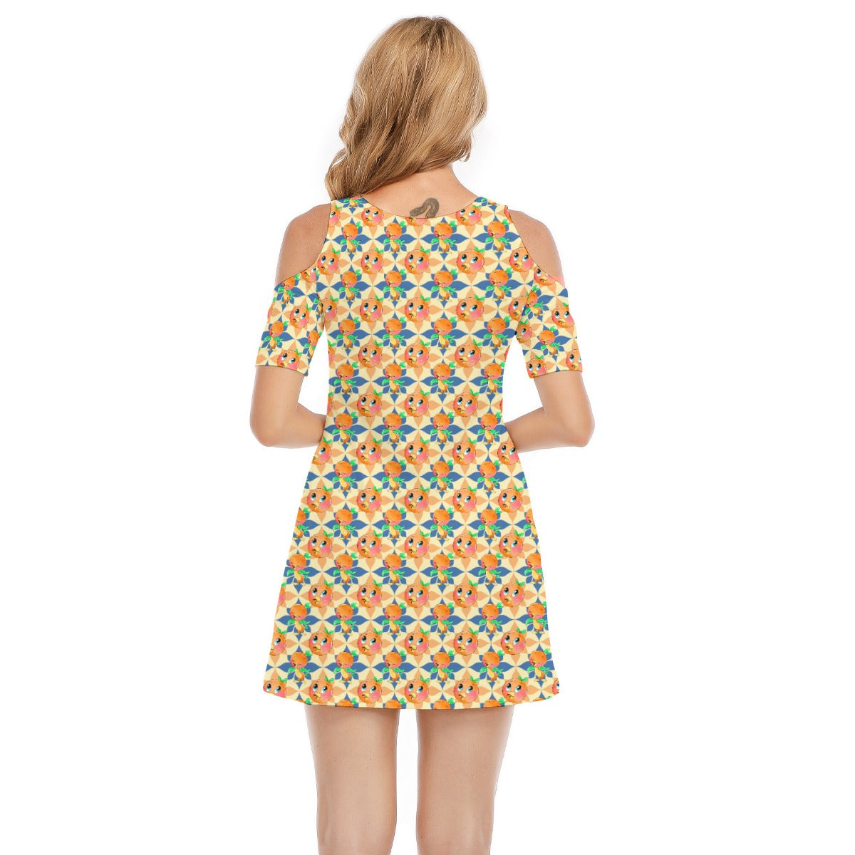 Retro Citrus Play - Women's Cold Shoulder Cotton Dress