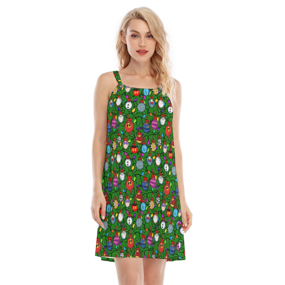 Festive Character Baubles on Green - Women’s Adjustable Sundress
