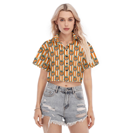 Pumpkin Cameo Stripes - Women’s Cropped Button-Up Shirt