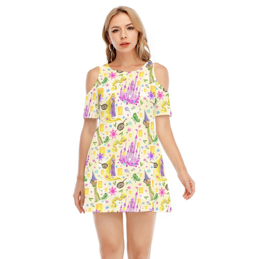 Watercolor Golden Hair Kingdom - Women's Cold Shoulder Cotton Dress