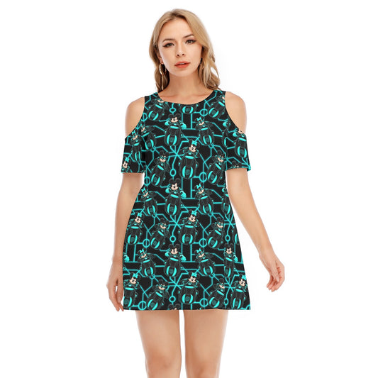 Electric Neon Grid Adventure - Women's Cold Shoulder Cotton Dress