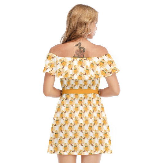 Pumpkin Bear Mischief - Women's Off-shoulder Ruffle Dress