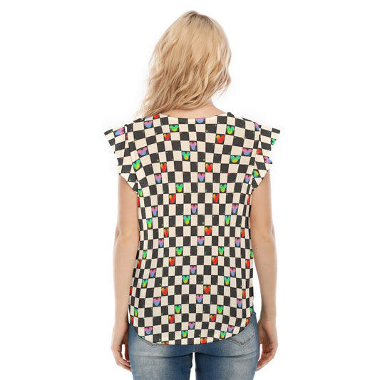 Rainbow Checker Mouse Ears - Women’s Flutter Sleeve Top