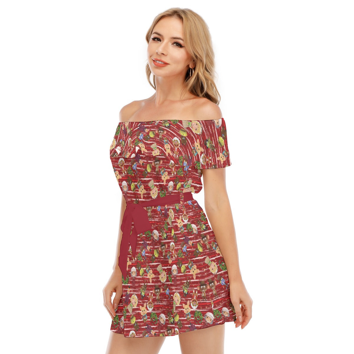 A Very Festive Puppet Christmas - Women's Off-shoulder Ruffle Dress