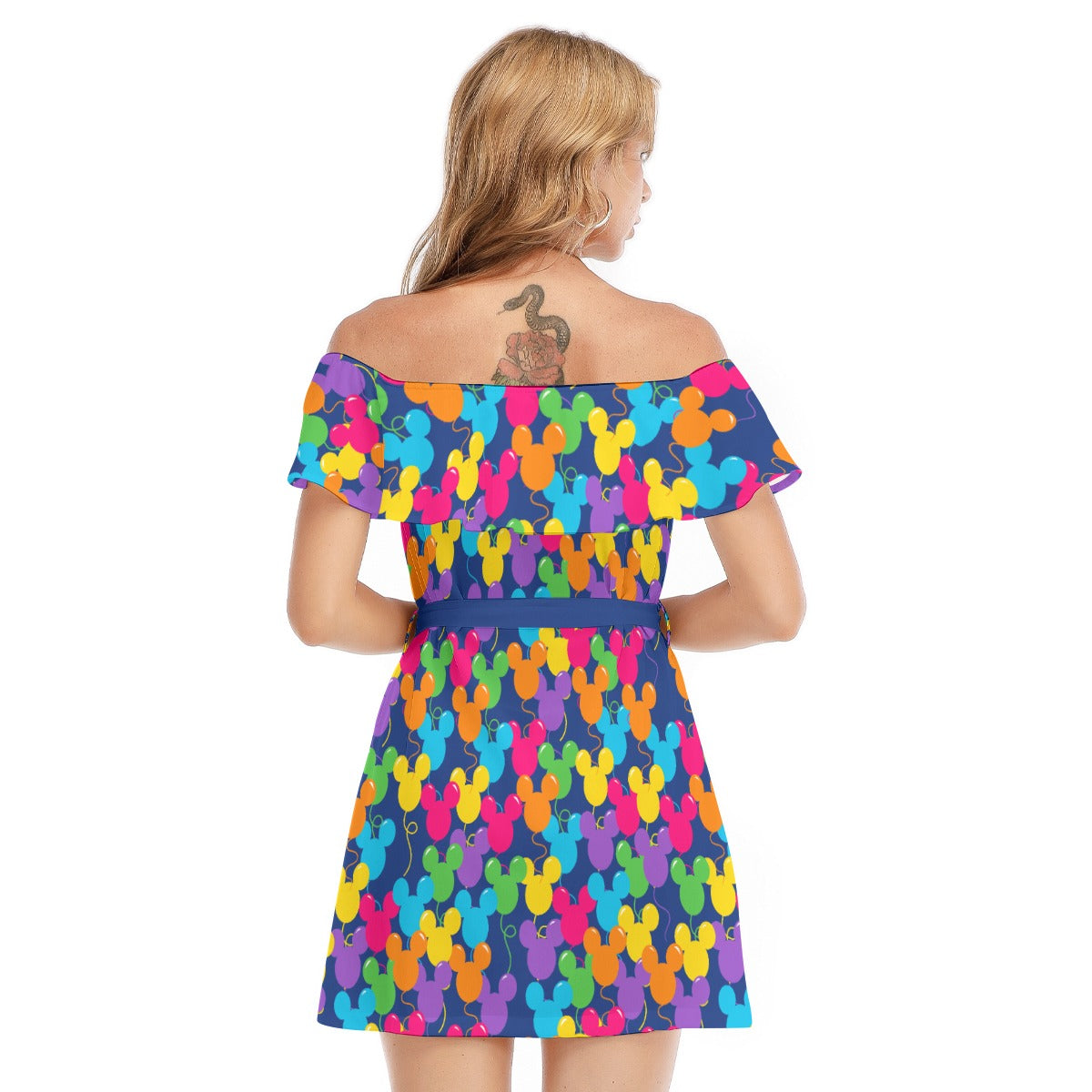 Bright Mouse Ear Balloons - Women's Off-shoulder Ruffle Dress