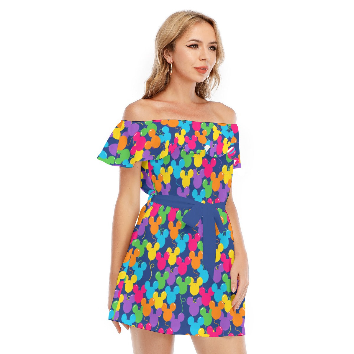 Bright Mouse Ear Balloons - Women's Off-shoulder Ruffle Dress