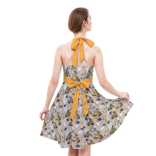 Robot Romance Sketchedched - Women's Halter Vintage Pocket Dress