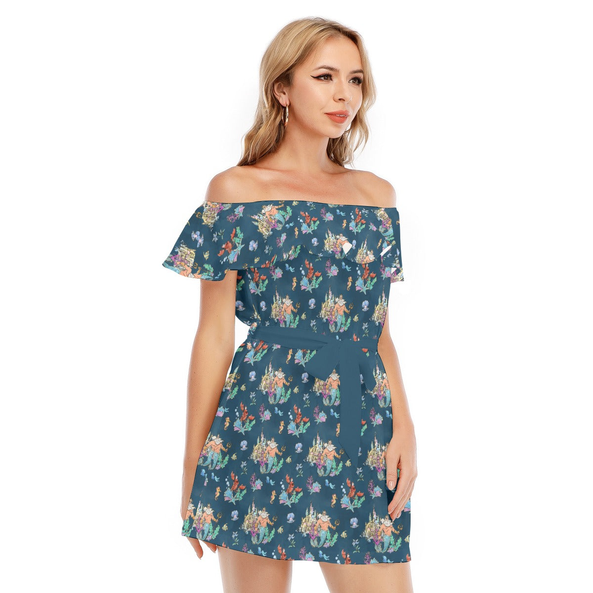 Whimsical Sea King and Crab - Women's Off-shoulder Ruffle Dress