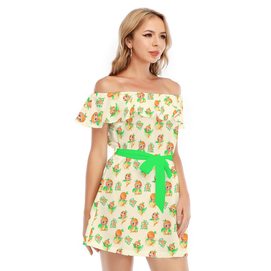 Citrus Charm Bird - Women's Off-shoulder Ruffle Dress
