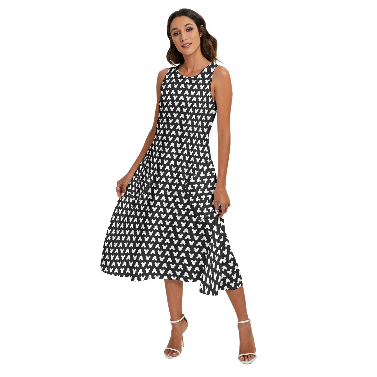 Playful Polka Dot Ears Black - Women’s Diagonal Pocket Midi Dress