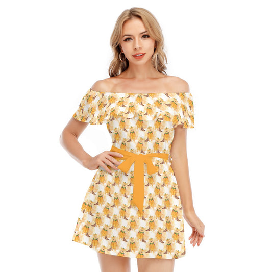 Pumpkin Bear Mischief - Women's Off-shoulder Ruffle Dress