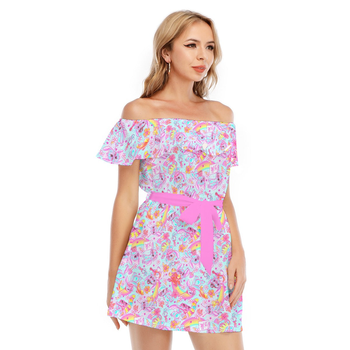 Neon Rainbow Mischief - Women's Off-shoulder Ruffle Dress