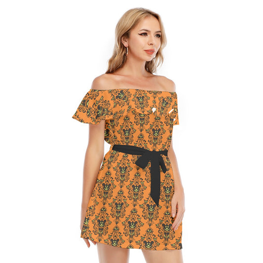 Haunted Halloween Mansion Wallpaper - Women's Off-shoulder Ruffle Dress