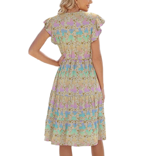 Gold Dot Rainbow Mouse Ears Castle - Women's Tiered Pocket Midi Dress