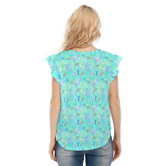 Neon Floral Baby Turtle - Women’s Flutter Sleeve Top